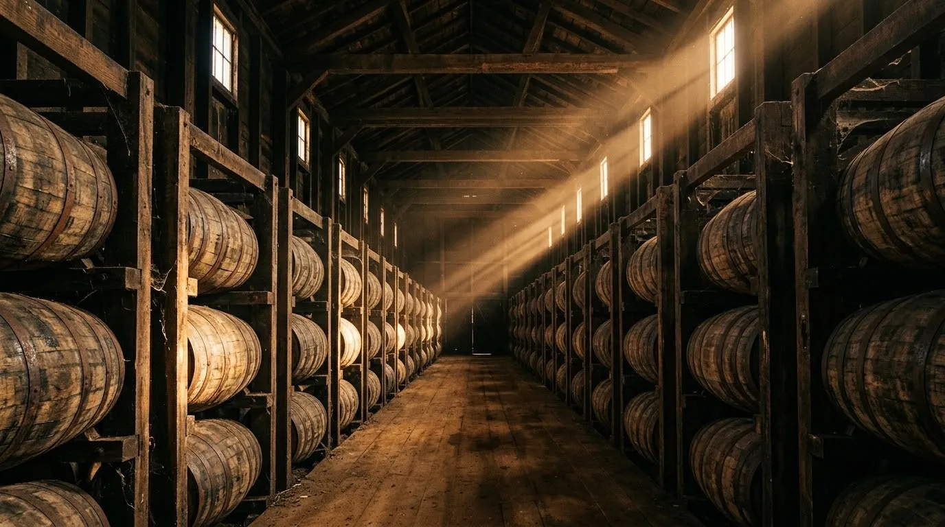 Oak barrels maturing in a rack house